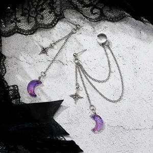 Fairycore Celestial Purple Moon & Star Chain Drop Earrings with Ear Cuff